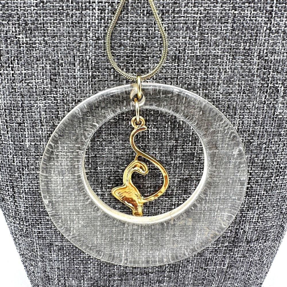 Vintage‎ Gold Tone Cat Pendant Necklace Clear Lucite Circle Textured Snake Chain